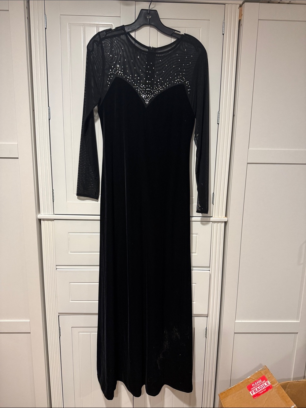 Black Long Sleeve Velvet Evening Dress with Sheer Rhinestone Yoke